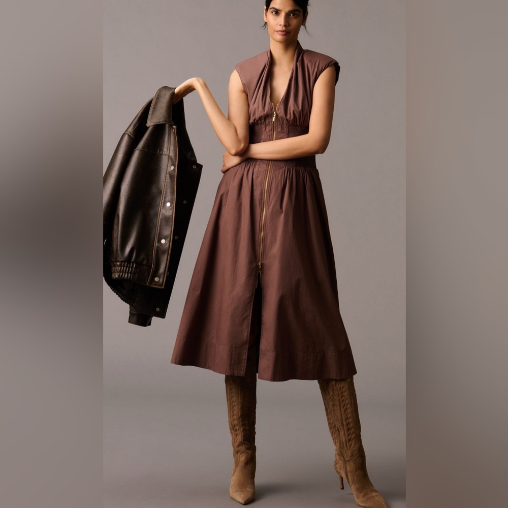 NWT The Tommy Cap-Sleeve Smocked Front Zip Shirt Dress Brown L NWT